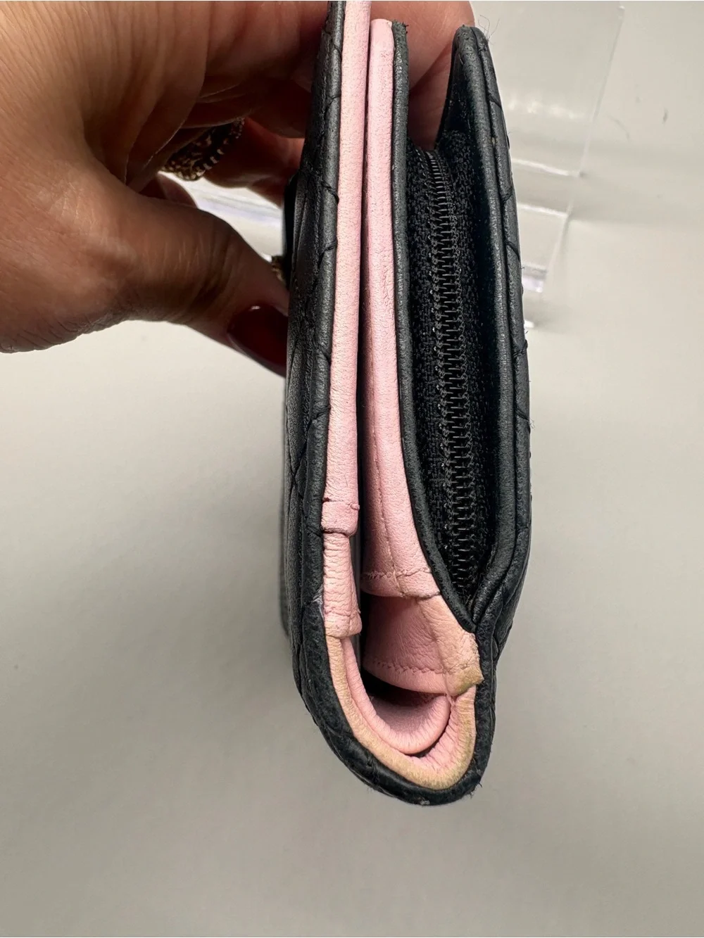 Chanel Black Quilted Leather Bifold Wallet Pink Interior With COA